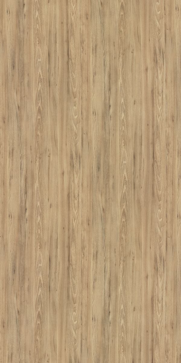 Beige wood grain decorative laminate with suede finish and textured vertical wood pattern