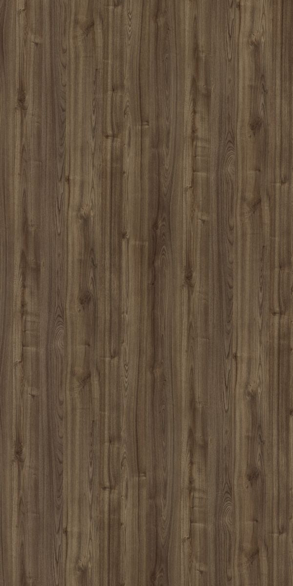 Brown wood grain decorative laminate with suede finish and vertical wood pattern texture
