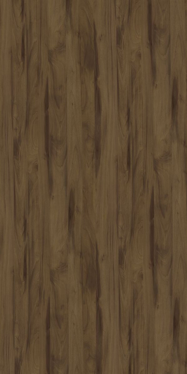 Brown wood grain decorative laminate with suede finish and vertical wood pattern texture.