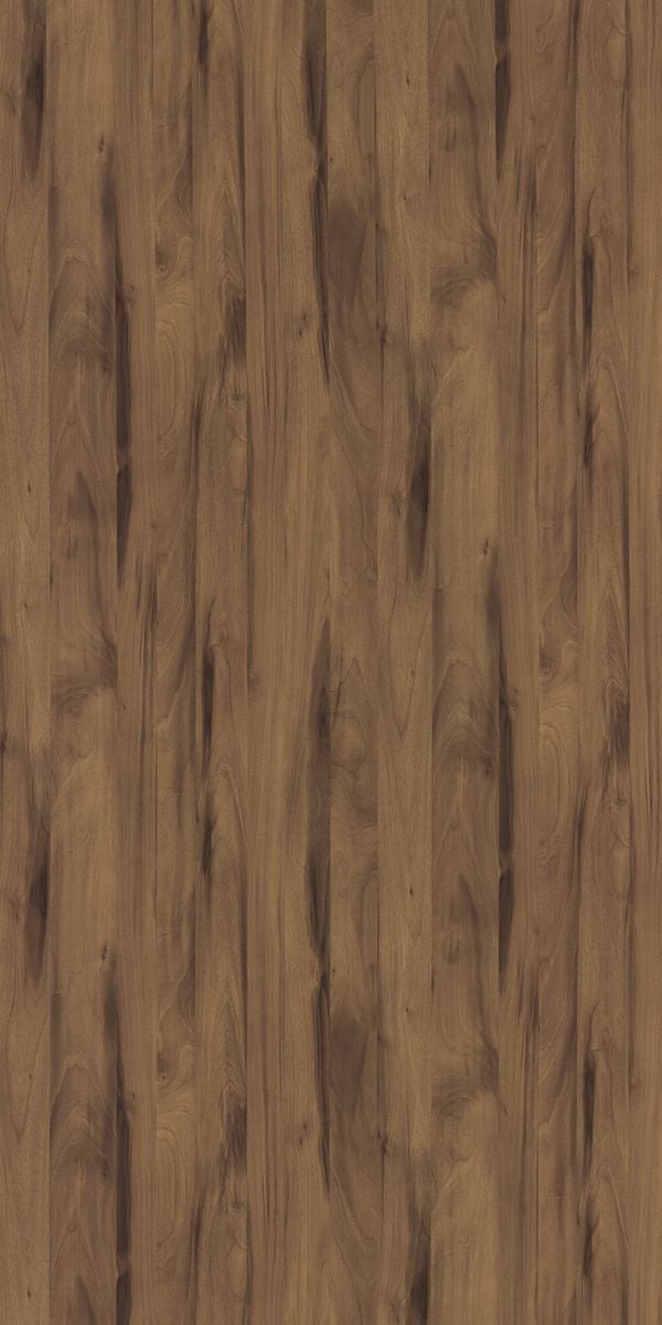 Brown wood grain decorative laminate with suede finish and vertical wood pattern texture