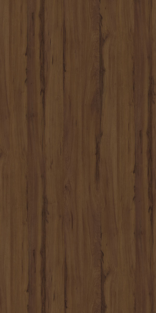 Brown wood grain decorative laminate with suede finish and vertical wood pattern texture.
