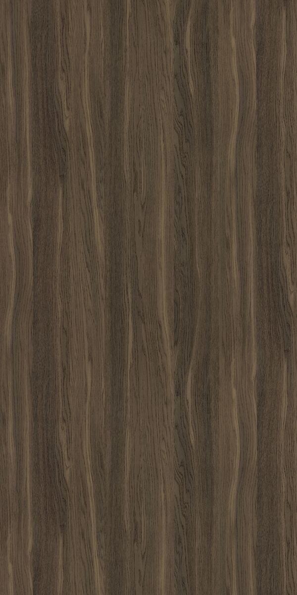 Brown wood grain decorative laminate with suede finish and wavy pattern, showing detailed texture and vertical wood grain