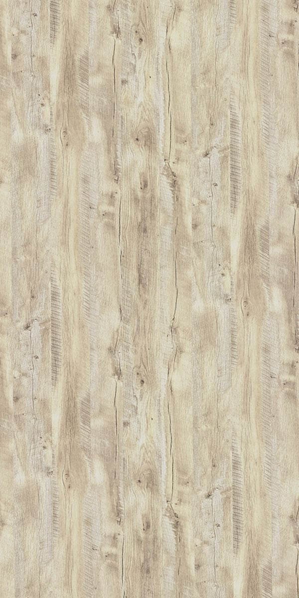 Beige wood grain decorative laminate with suede finish and textured vertical wood pattern and visible knots and cracks