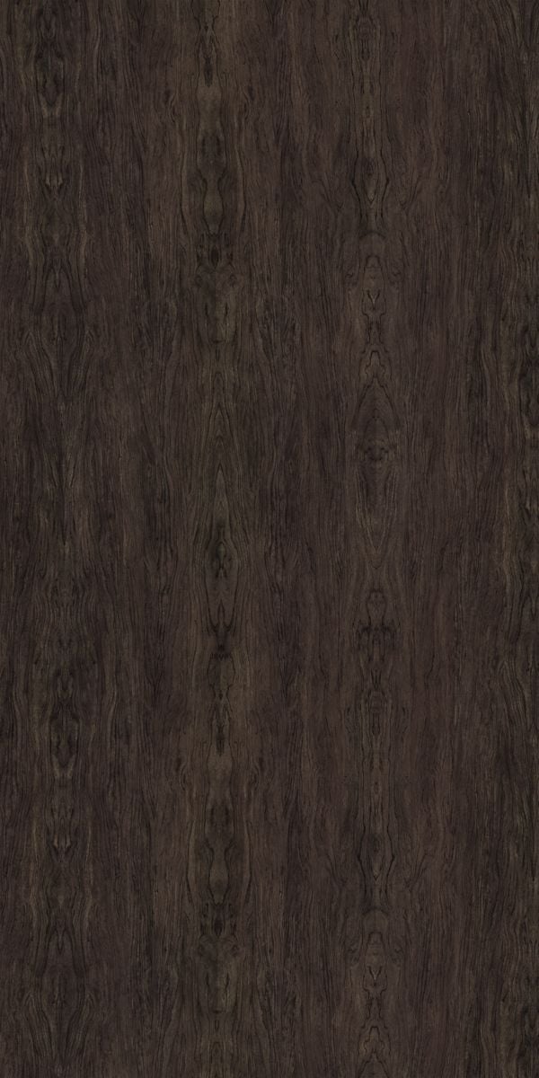 Dark brown wood grain decorative laminate with suede finish and vertical wood pattern texture.
