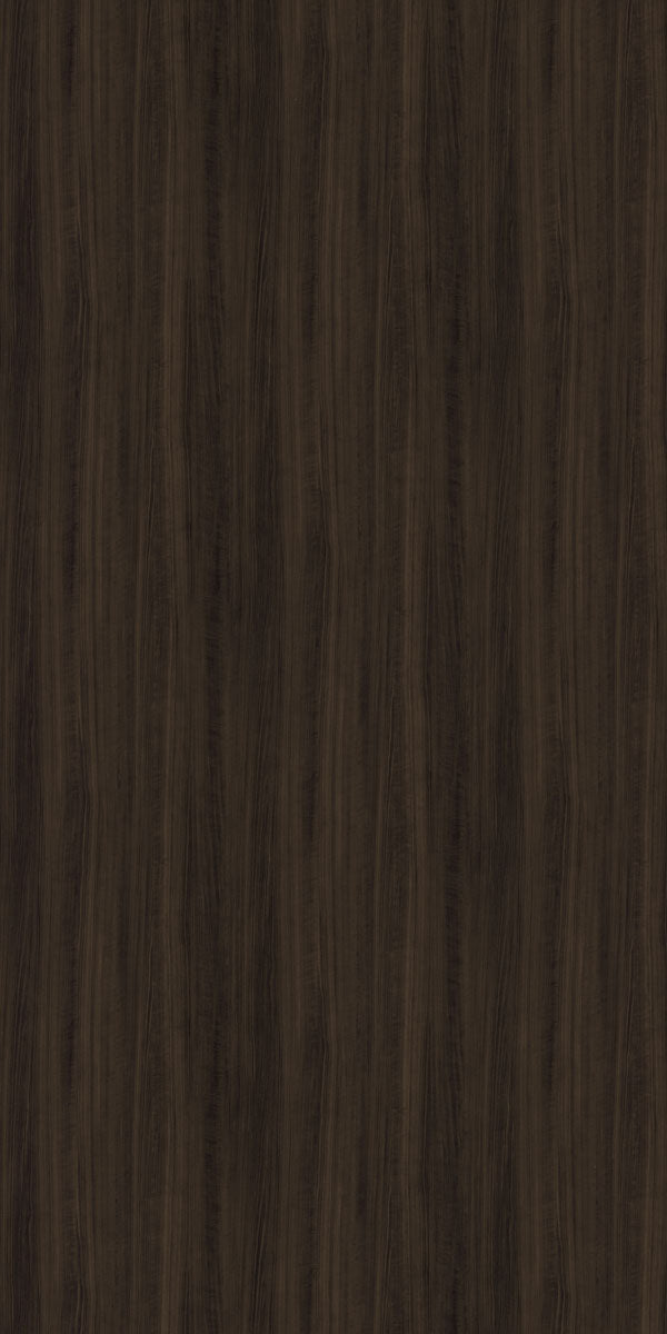 Brown wood grain decorative laminate with suede finish and vertical wood pattern texture