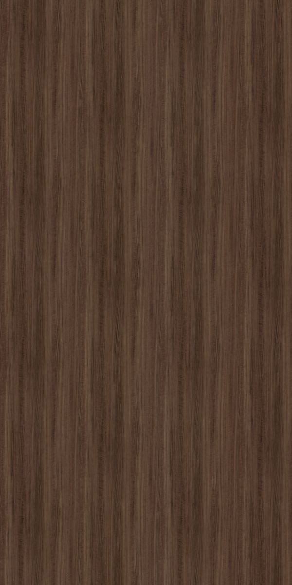 Brown wood grain decorative laminate with suede finish and vertical wood pattern texture