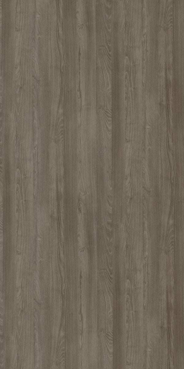 Grey wood grain decorative laminate with suede finish and textured pattern