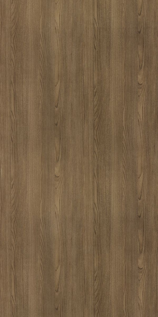 Brown wood grain decorative laminate with suede finish and vertical wood pattern texture