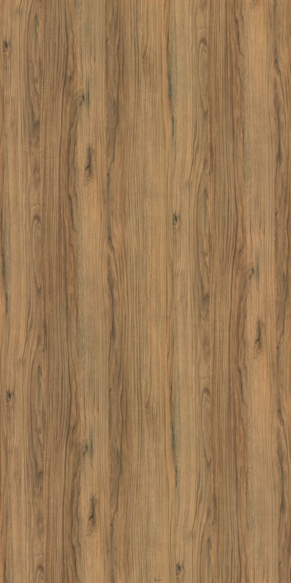 Brown wood grain decorative laminate with suede finish and vertical wood pattern texture.