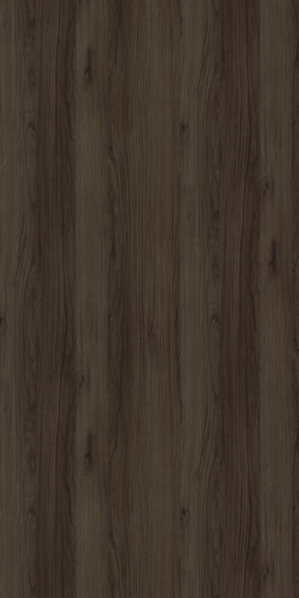 Brown wood grain decorative laminate with suede finish and vertical wood pattern texture