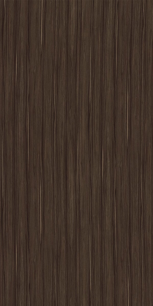 Brown wood grain decorative laminate with suede finish and vertical wood pattern texture