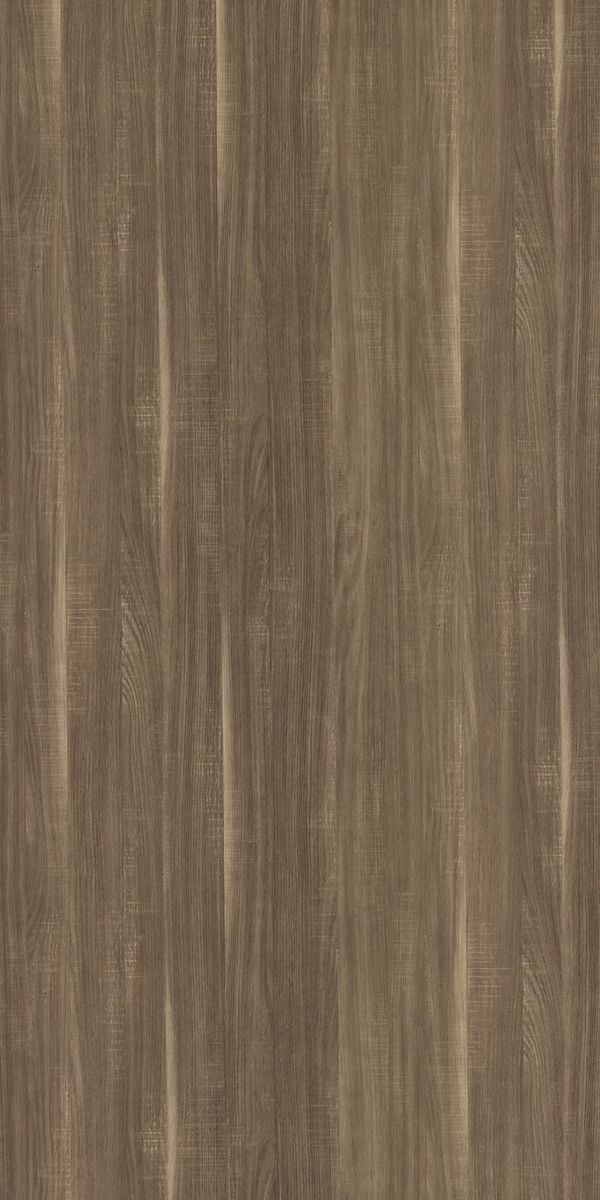 Brown wood grain decorative laminate with suede finish and vertical wood pattern texture