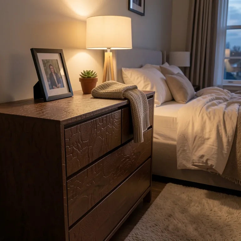 Brown textured laminate with embossed leather-like pattern and varied grain direction.