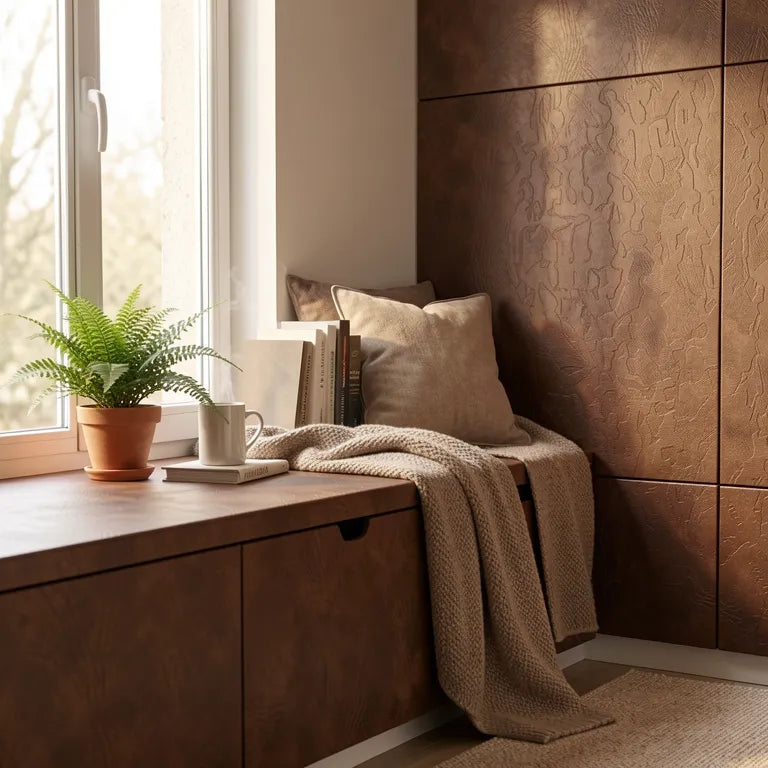 Brown textured laminate with embossed leather-like pattern and varied grain direction.