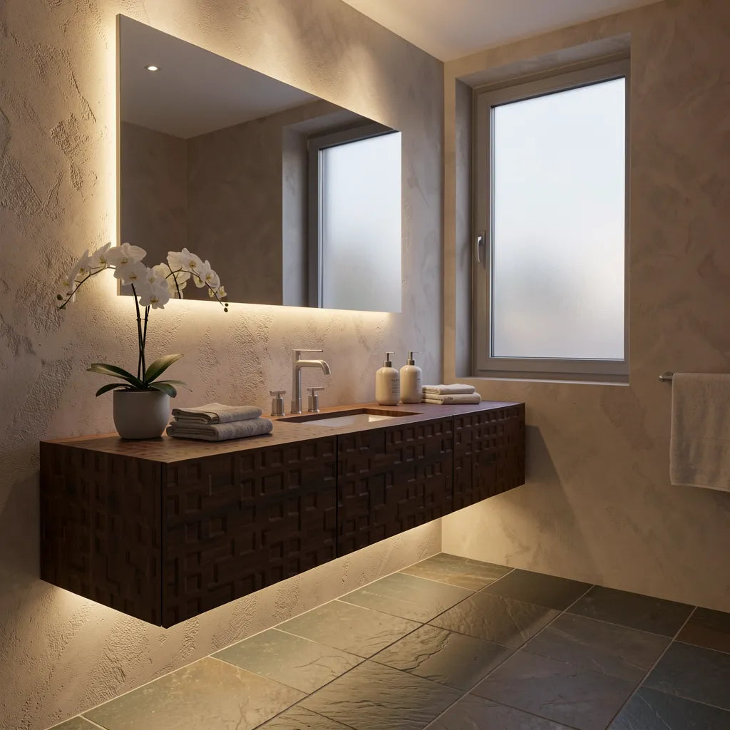 Brown laminate with textured geometric pattern and visible wood grain.