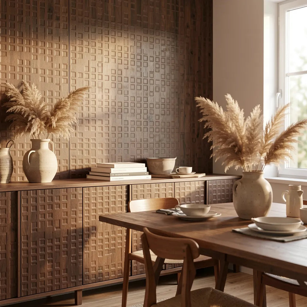 Brown laminate with textured geometric pattern and visible wood grain.