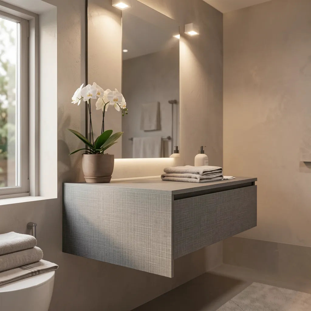 Grey laminate with textured fabric appearance and vertical pattern.