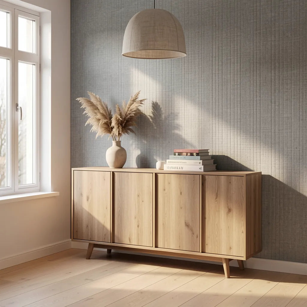 Grey laminate with textured fabric appearance and vertical pattern.