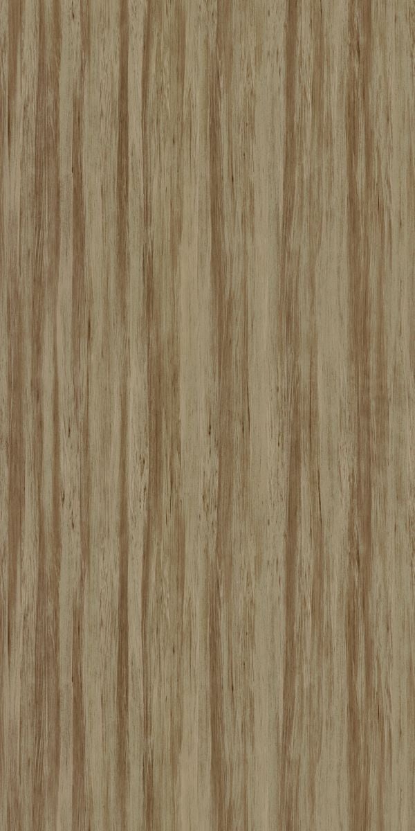 Brown wood grain decorative laminate with suede finish and vertical wood pattern texture