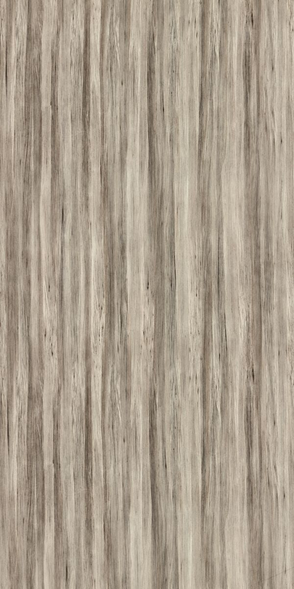 Grey wood grain decorative laminate with suede finish and subtle texture, showing vertical wood pattern with darker streaks