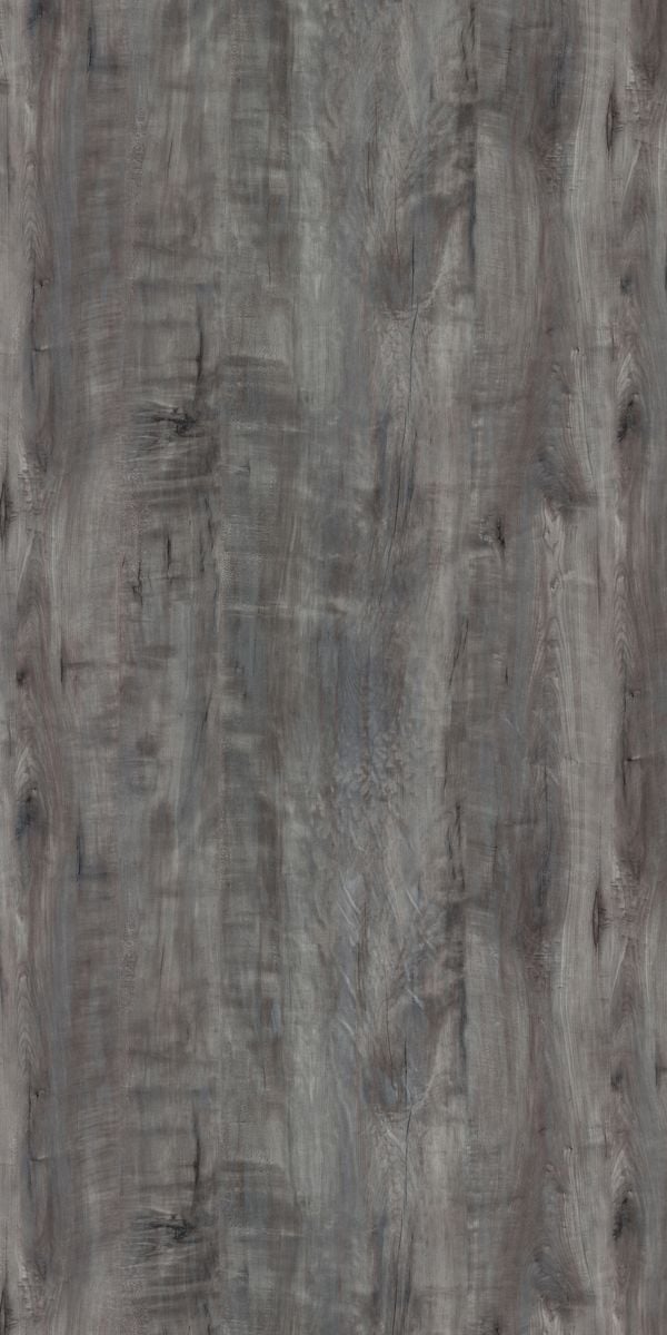 Grey wood grain decorative laminate with suede finish and textured surface showing natural wood pattern and knots