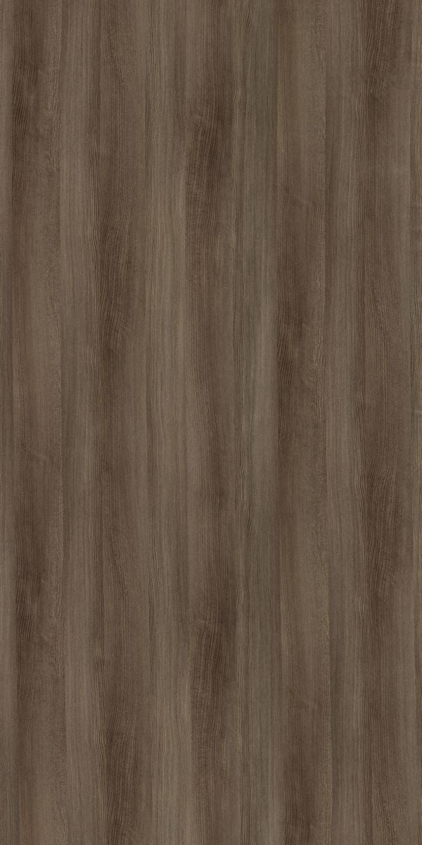 Brown wood grain decorative laminate with suede finish and vertical wood pattern texture