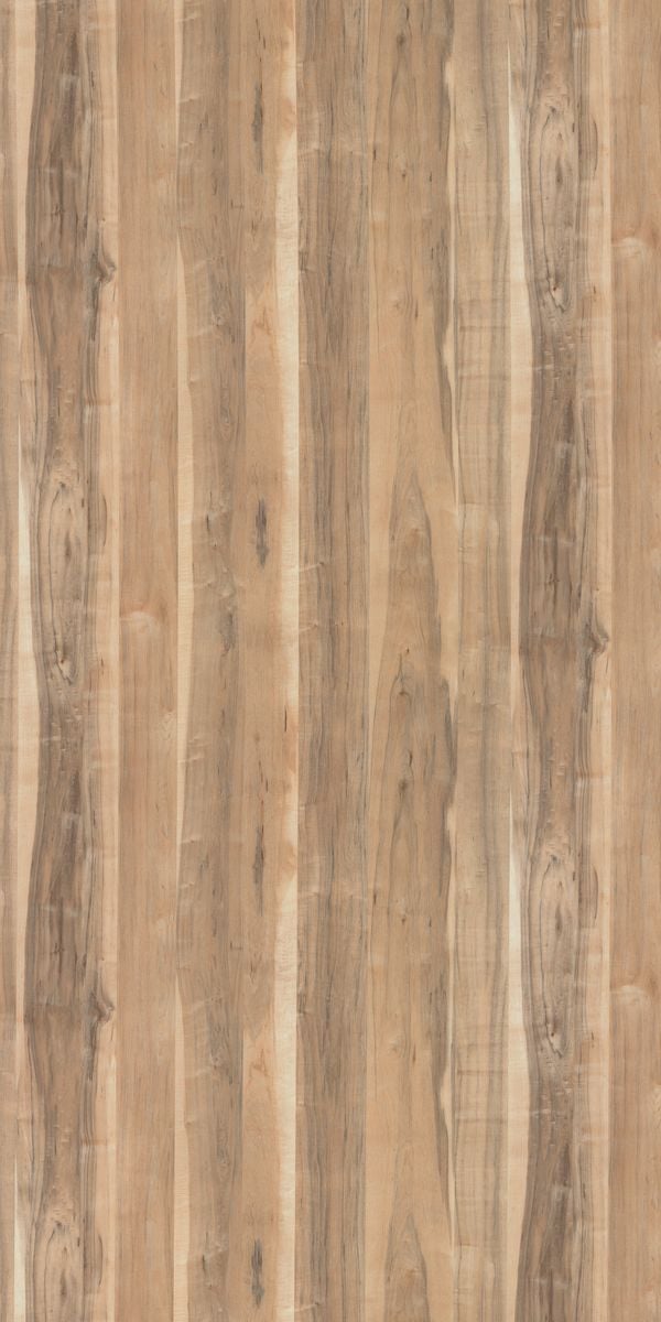 Brown wood grain decorative laminate with suede finish and vertical wood pattern texture