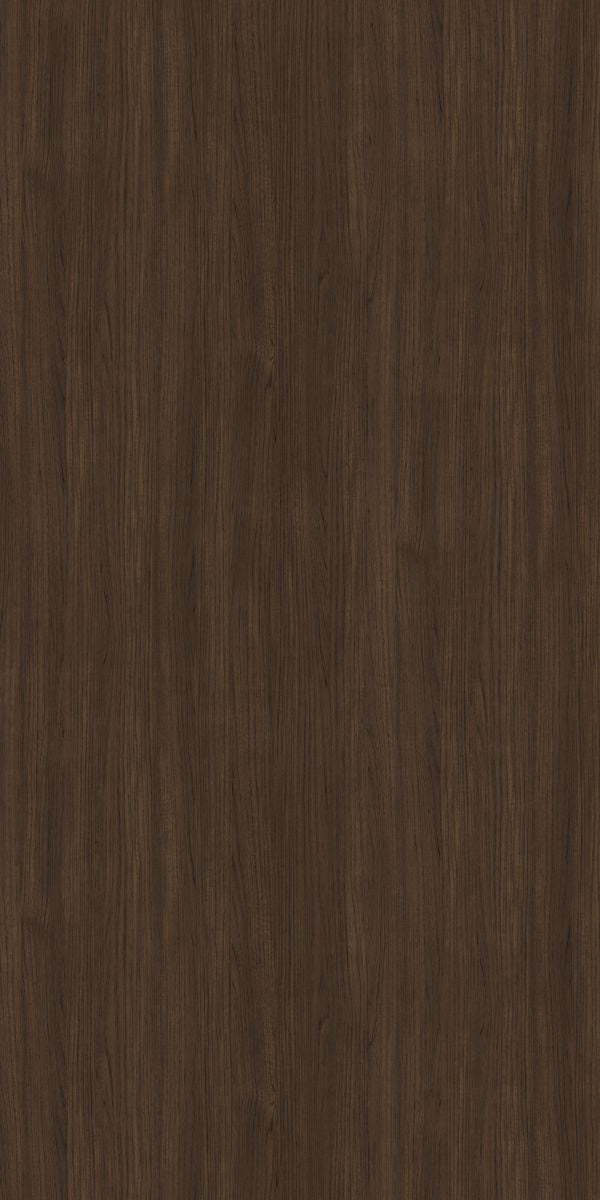 Brown wood grain decorative laminate with suede finish and vertical wood pattern texture