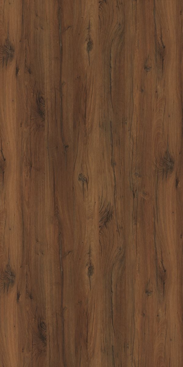 Brown wood grain decorative laminate with suede finish and dark knots and grain lines visible on the surface.