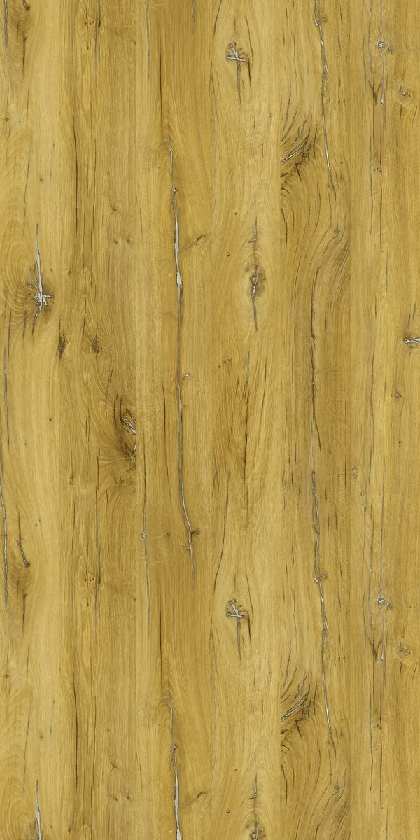 Yellow wood grain decorative laminate with suede finish and textured pattern showing natural wood knots and grain details