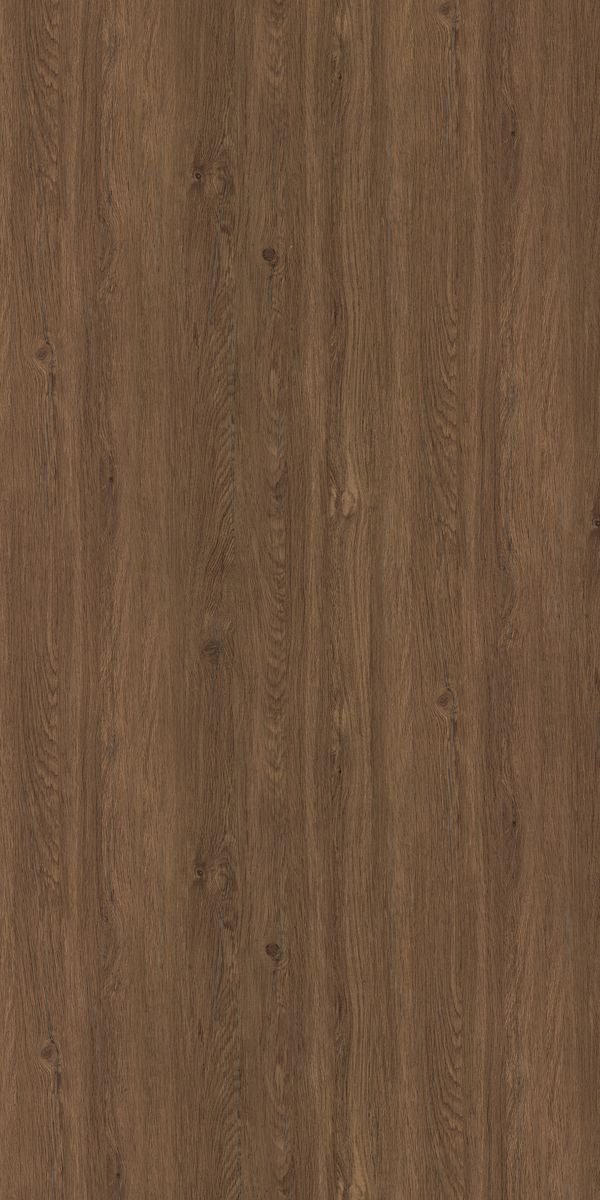 Brown wood grain decorative laminate with suede finish and visible wood texture and knots