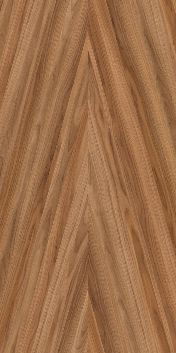 Brown wood grain decorative laminate with chevron pattern and suede finish showing wood texture and grain details