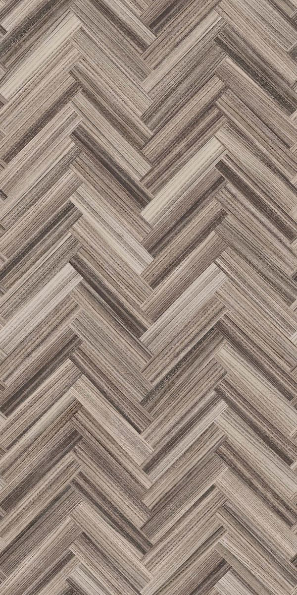 Beige wood grain laminate with herringbone pattern and suede finish, showing textured wood strips in varying shades.