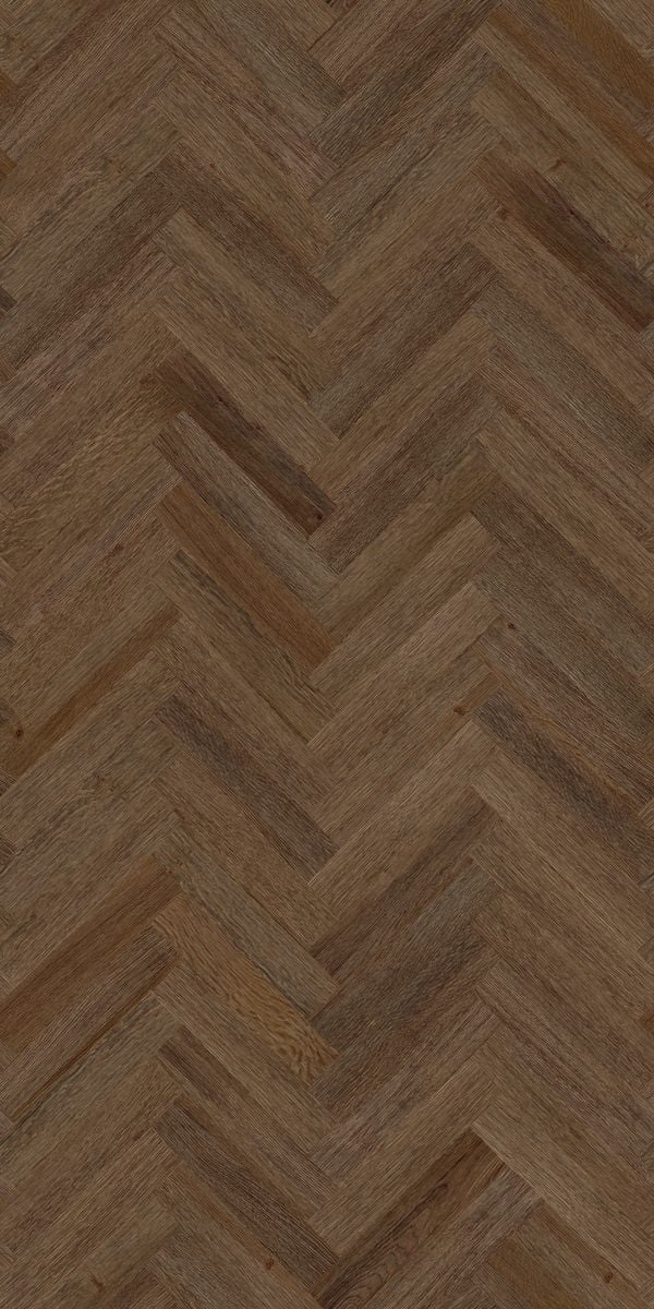 Brown wood grain decorative laminate with herringbone pattern and suede finish showing diagonal wood strips and textured