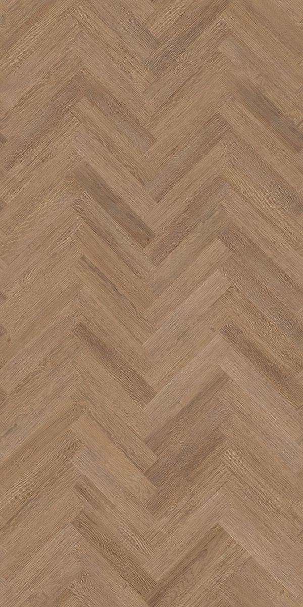 Brown wood grain laminate with herringbone pattern and suede finish, showing textured wood appearance and diagonal strip