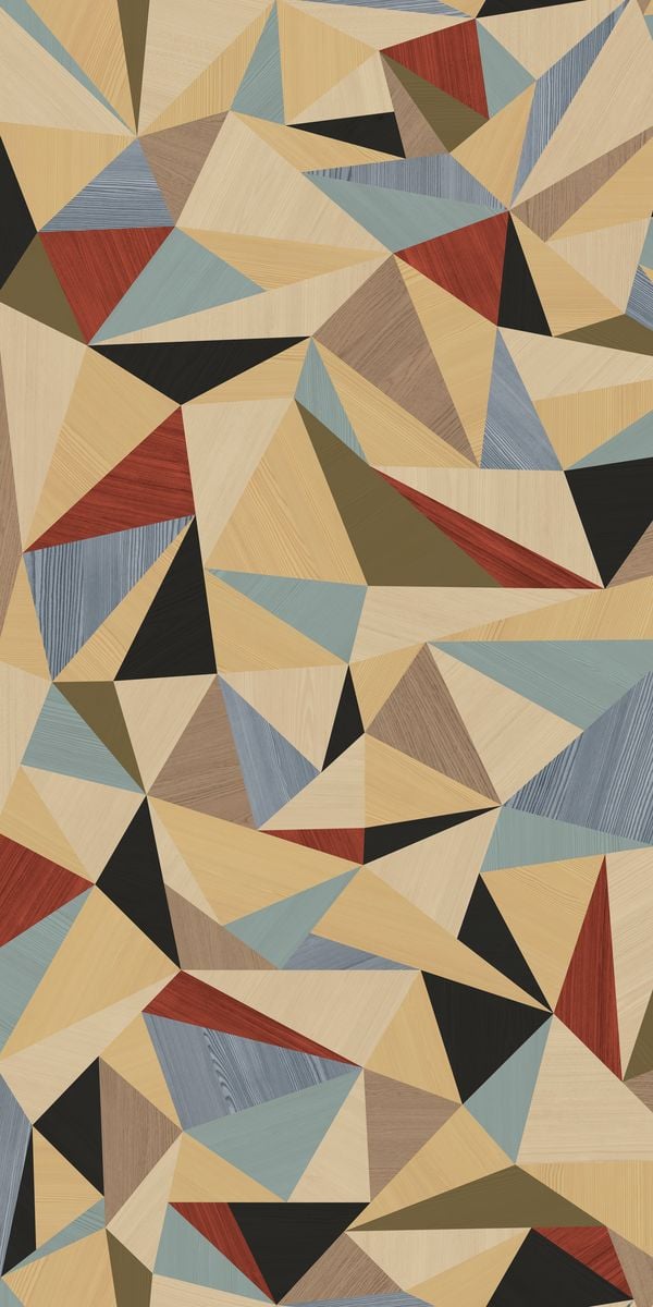 Multi-coloured geometric patterned laminate with suede finish and varied wood grain textures in triangles.