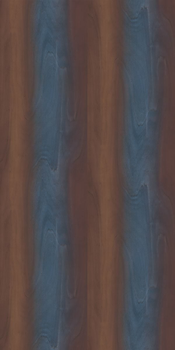 Brown wood grain decorative laminate with suede finish and blue accents showing wood texture and pattern.