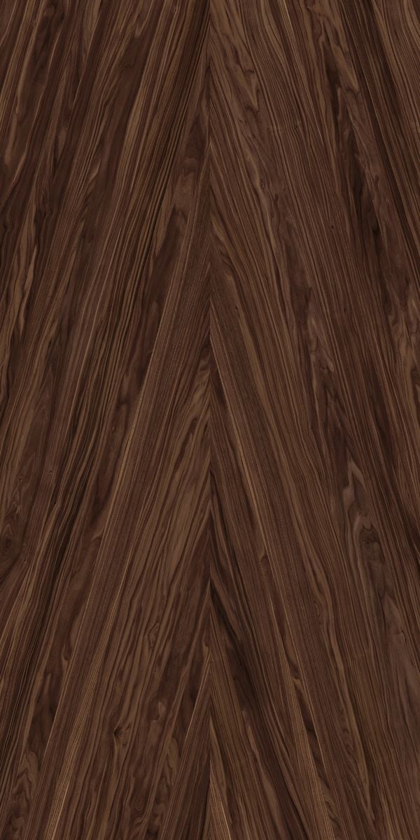 Brown wood grain decorative laminate with suede finish and herringbone pattern, showing diagonal wood texture and grain