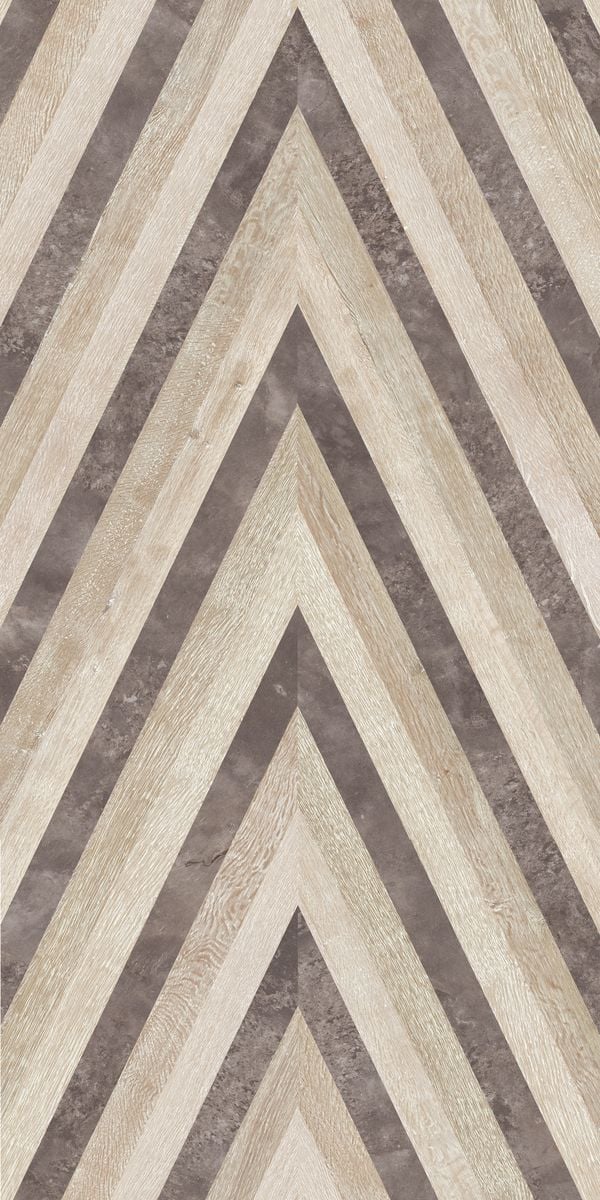 Beige chevron patterned decorative laminate with suede finish and wood grain texture in alternating light and dark beige