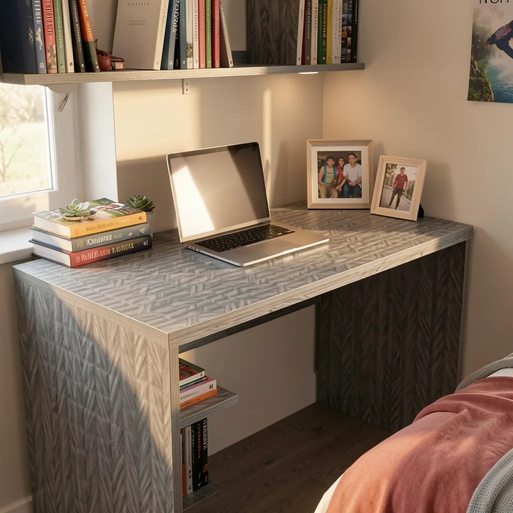 Grey laminate with textured geometric pattern and diagonal grain direction.