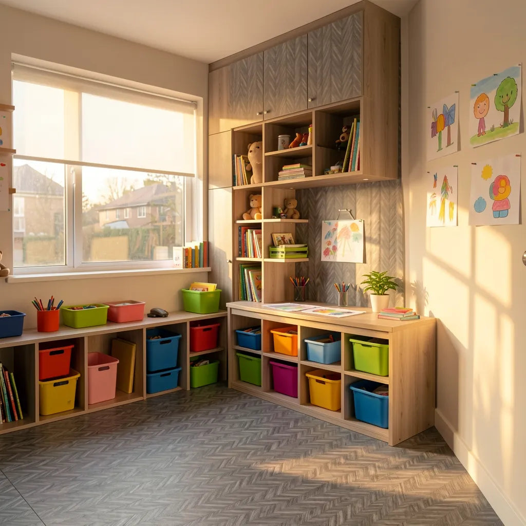 Grey laminate with textured geometric pattern and diagonal grain direction.
