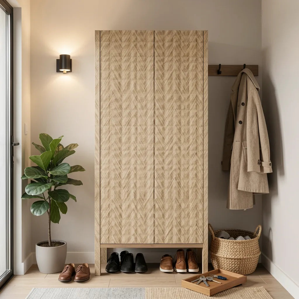 Beige textured laminate with a woven cane pattern and vertical grain direction.