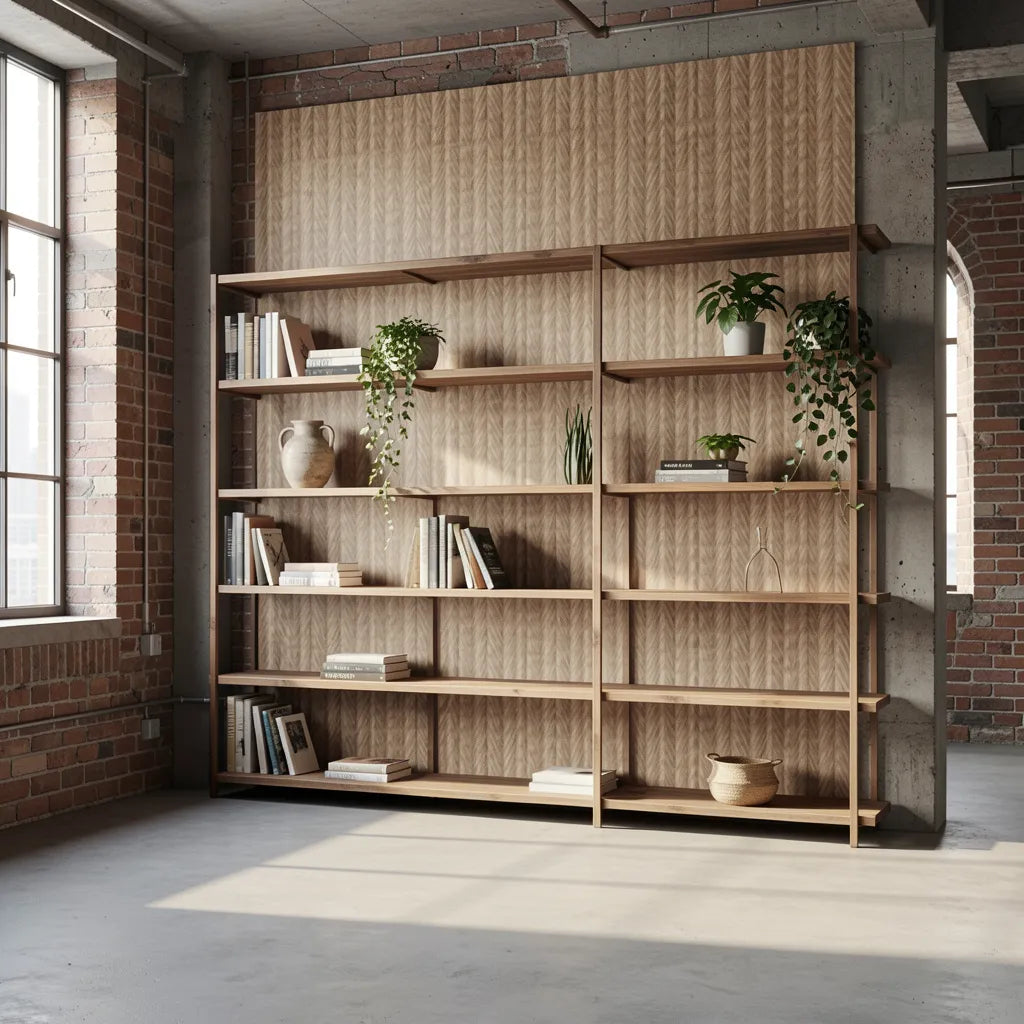 Beige textured laminate with a woven cane pattern and vertical grain direction.