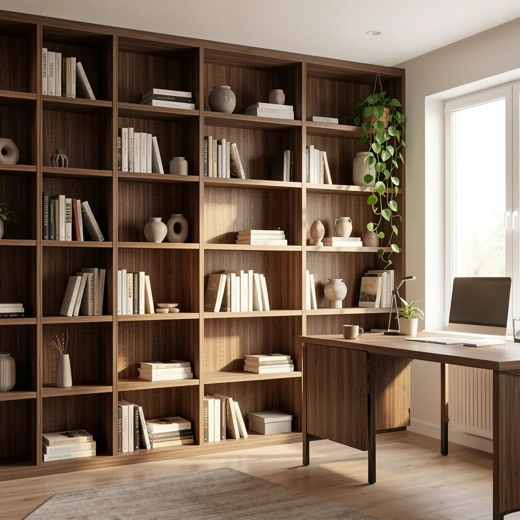 Brown laminate with textured wood grain pattern and vertical grain direction.