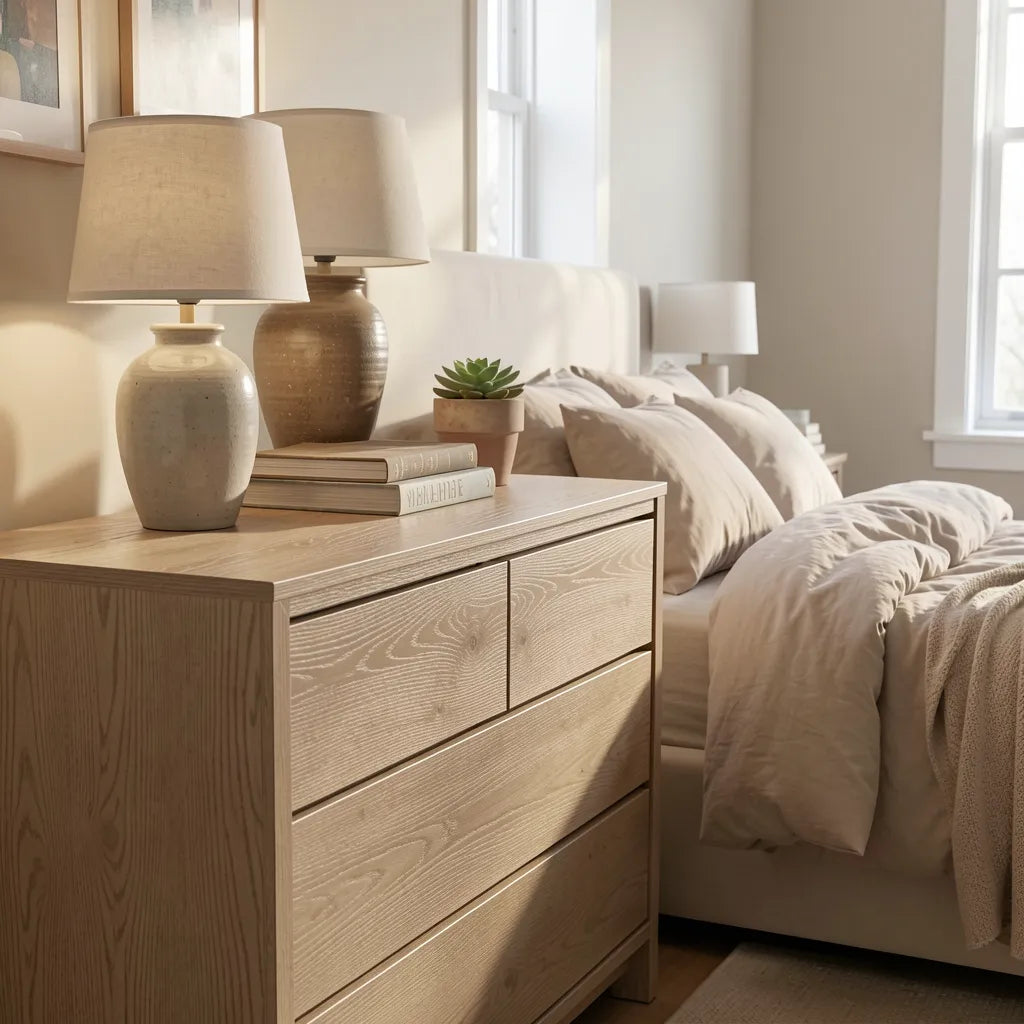 Beige laminate with textured wood grain pattern and vertical grain direction.