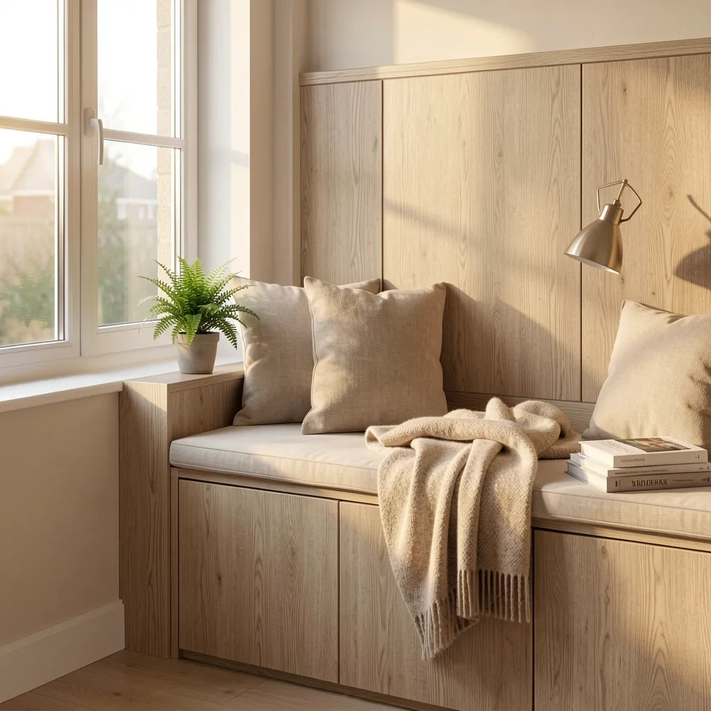 Beige laminate with textured wood grain pattern and vertical grain direction.