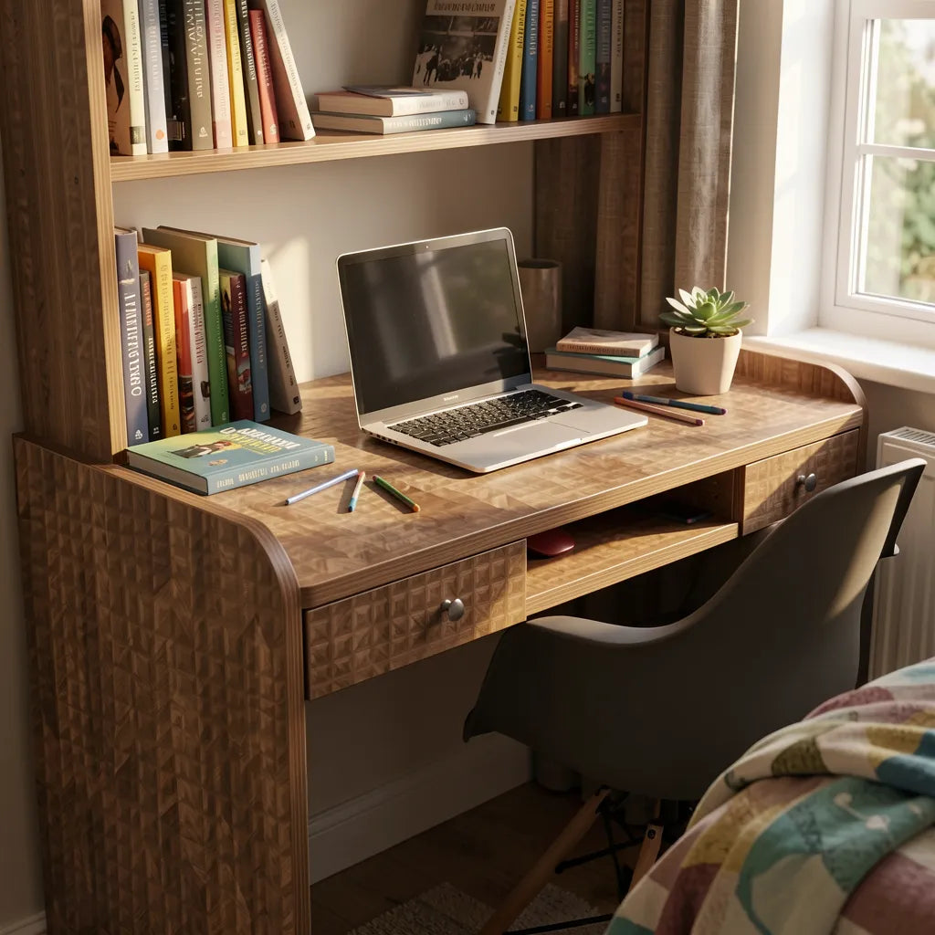Brown laminate with textured geometric pattern and subtle wood grain effect.