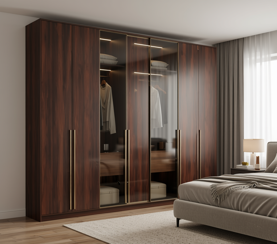 Brown laminate with dark wood grain texture and vertical pattern, semi-gloss finish.