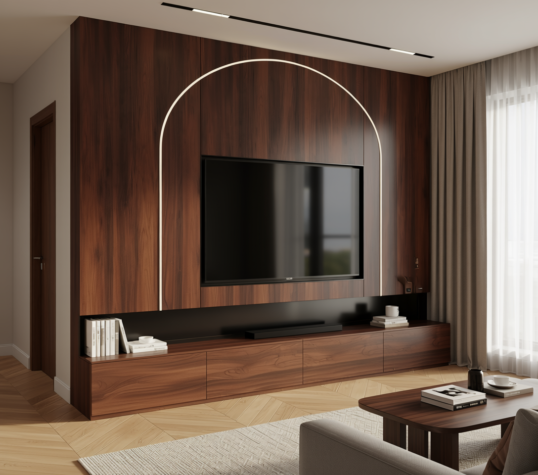 Brown laminate with dark wood grain texture and vertical pattern, semi-gloss finish.