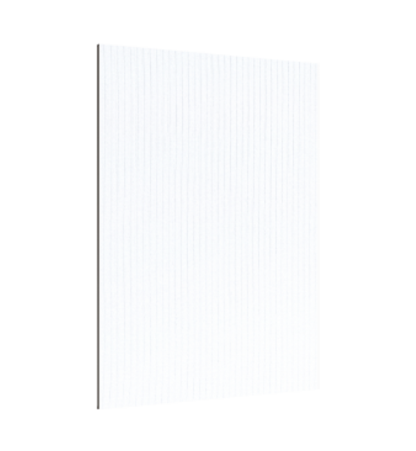White fluted decorative laminate with vertical ridges and matte finish, showcasing texture and pattern details on a plain